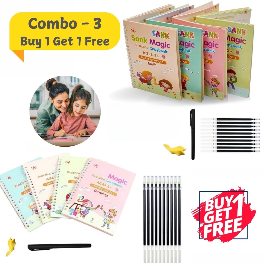 ✨ Unlock Learning Fun with Sank Magic Practice Copybooks! ✨ | 4 Books + 10 Refills + Pen & Grip | Perfect for Reading, Writing, & Drawing! 📚✍️ | Ages 3-6 | Limited Time Offer – Free Gifts Inside! 🎁